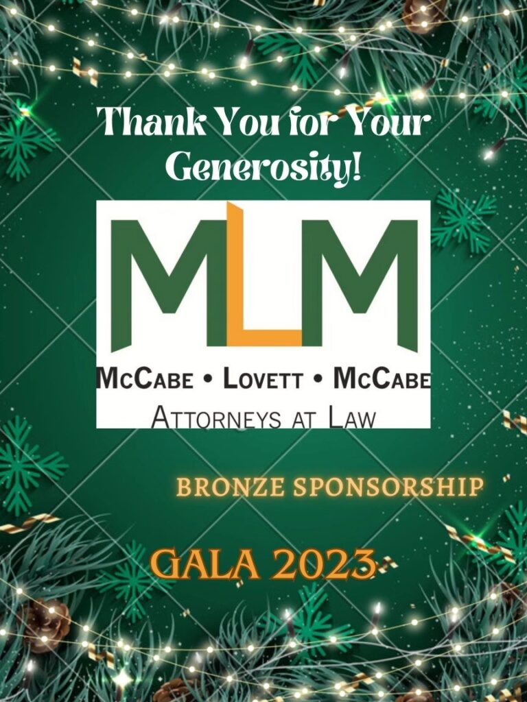 A celebratory graphic featuring the logo of McCabe, Lovett, and McCabe Attorneys at Law, acknowledging their Bronze Sponsorship for Gala 2023, set against a festive backdrop of sparkling lights and pine branches.